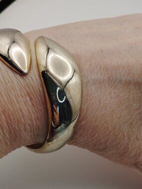 Mid‑Century Gold Bypass Clamper Bracelet • Hinged Statement Cuff